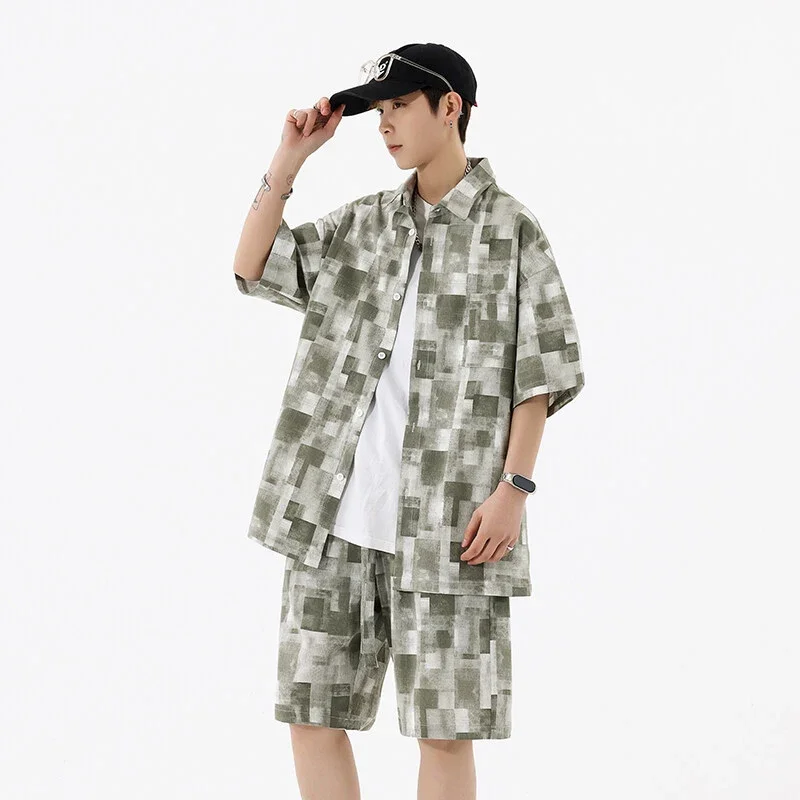 Men's Retro Plaid Short-Sleeve Shirt Suit
