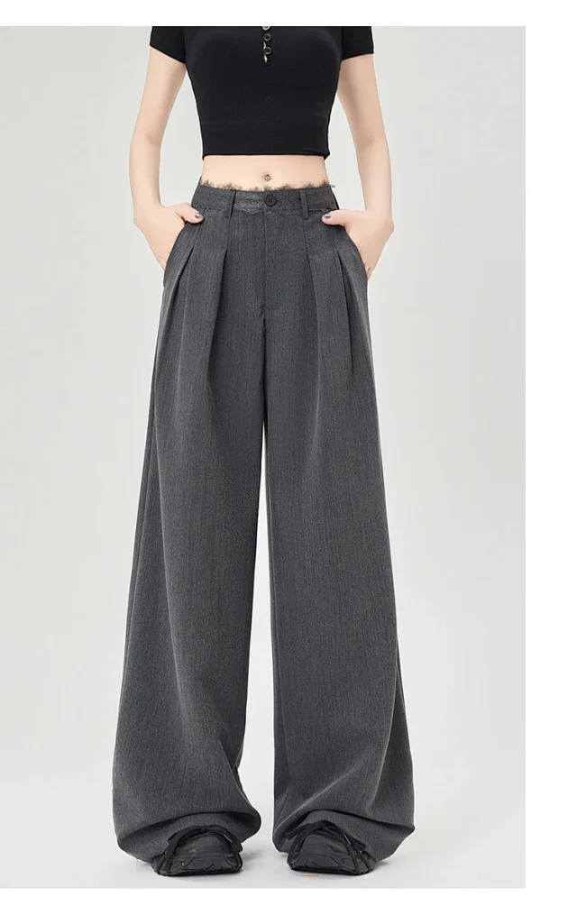 Women's Lace Trim High-Waist Wide-Leg Pants Detail