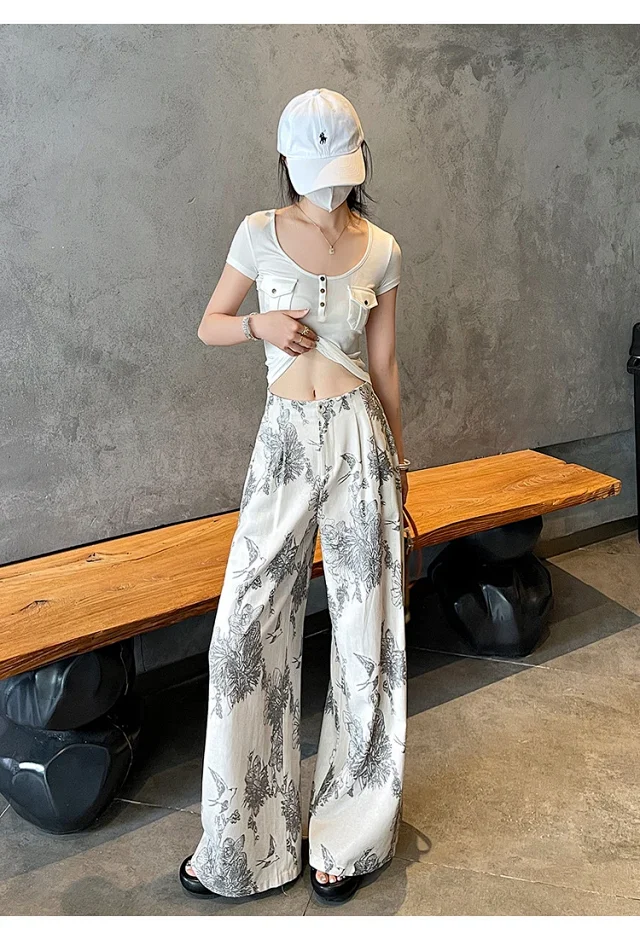 Vintage Ink Print Linen Pants Detail