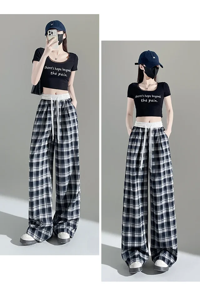 2025 Summer Ice Silk Checkered Pants for Women Detail