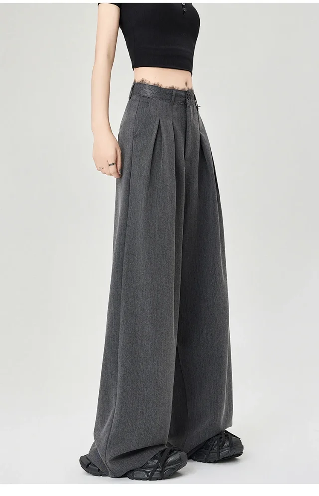 Women's Lace Trim High-Waist Wide-Leg Pants Detail