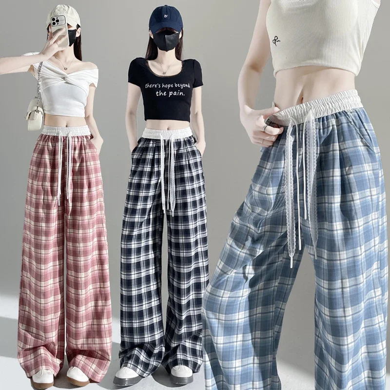 2025 Summer Ice Silk Checkered Pants for Women