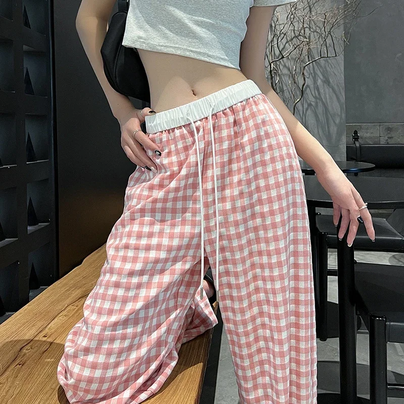 2025 Pink Plaid Wide-Leg Pants for Women