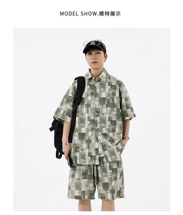 Men's Retro Plaid Short-Sleeve Shirt Suit Detail