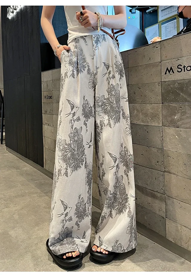 Vintage Ink Print Linen Pants Detail