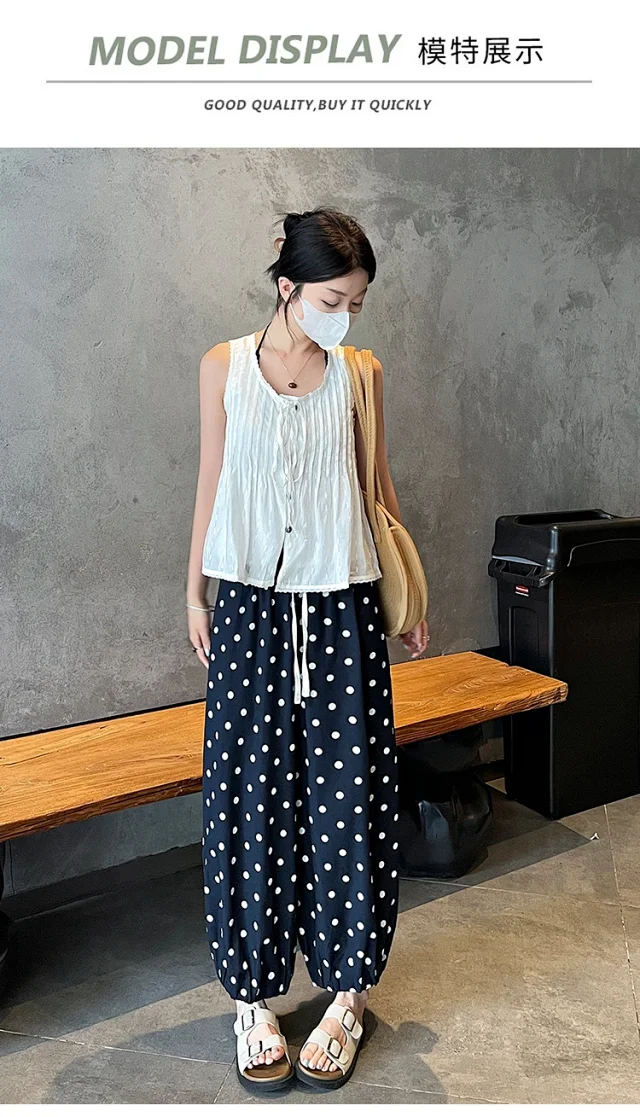 Women's Summer Ice Silk Polka Dot Cotton-Linen Pants Detail