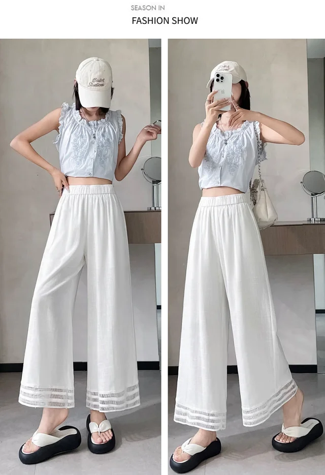 2025 Summer New Wide-leg Pants with Lace Trim Detail
