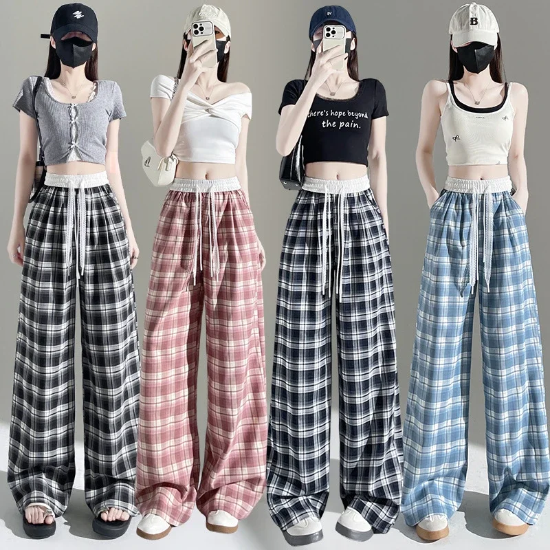 2025 Summer Ice Silk Checkered Pants for Women