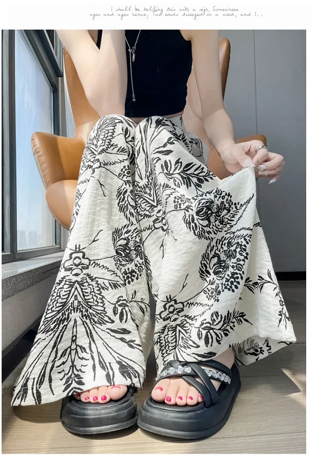 Vintage Floral Linen Wide-Leg Pants Detail