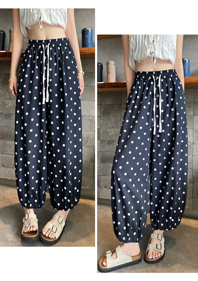 Women's Summer Ice Silk Polka Dot Cotton-Linen Pants Detail