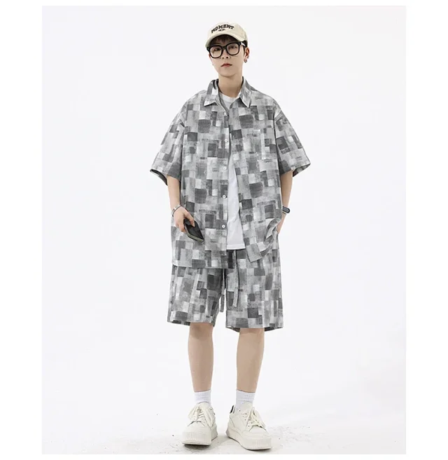 Men's Retro Plaid Short-Sleeve Shirt Suit Detail