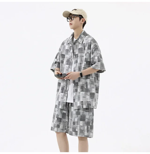 Men's Retro Plaid Short-Sleeve Shirt Suit Detail
