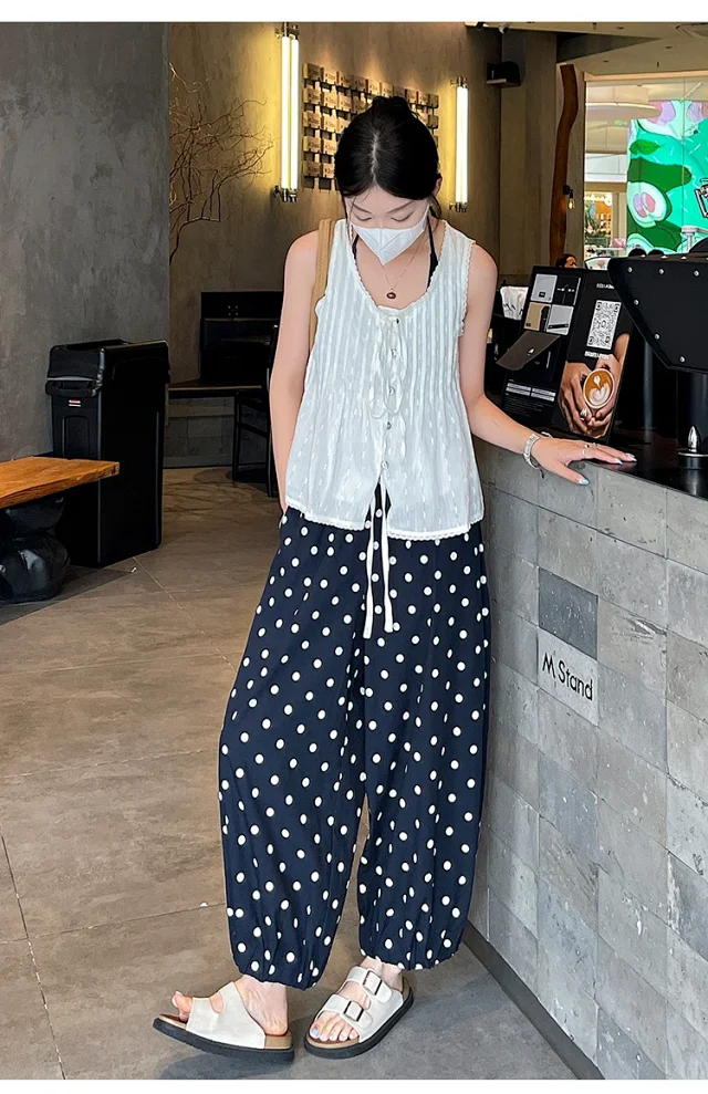 Women's Summer Ice Silk Polka Dot Cotton-Linen Pants Detail
