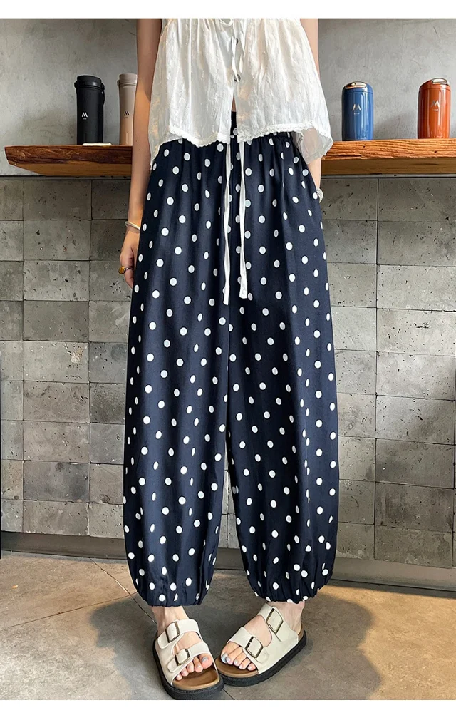 Women's Summer Ice Silk Polka Dot Cotton-Linen Pants Detail