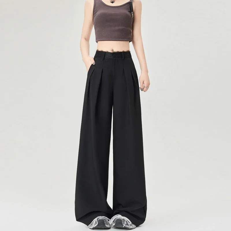 Women's Lace Trim High-Waist Wide-Leg Pants
