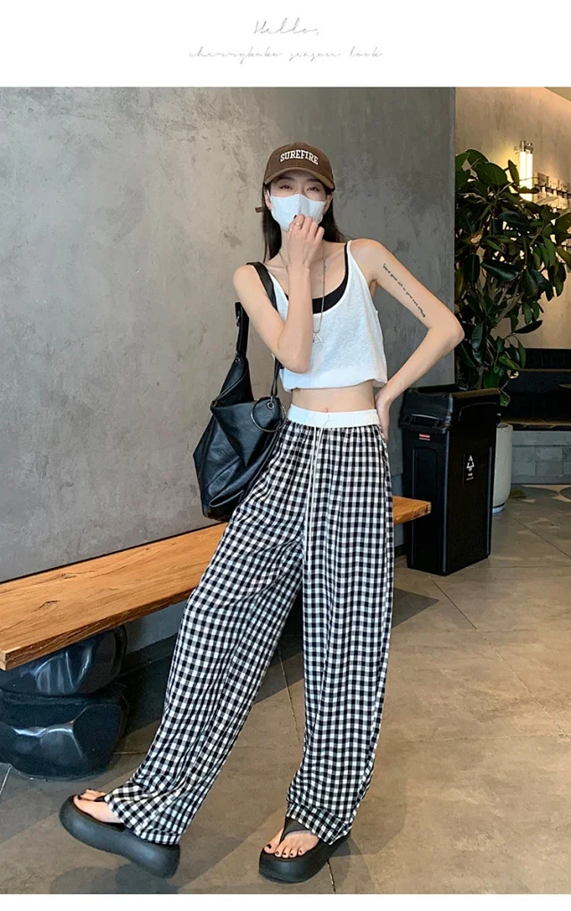 2025 Pink Plaid Wide-Leg Pants for Women Detail