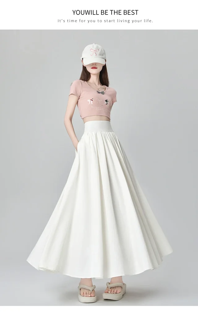 Pink Slimming High-waist A-line Skirt Detail