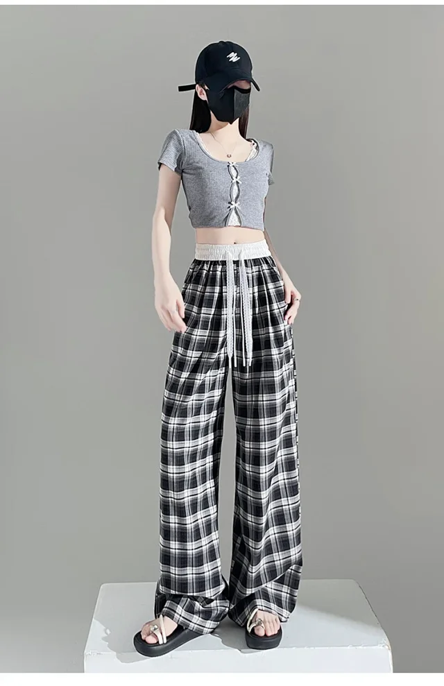 2025 Summer Ice Silk Checkered Pants for Women Detail
