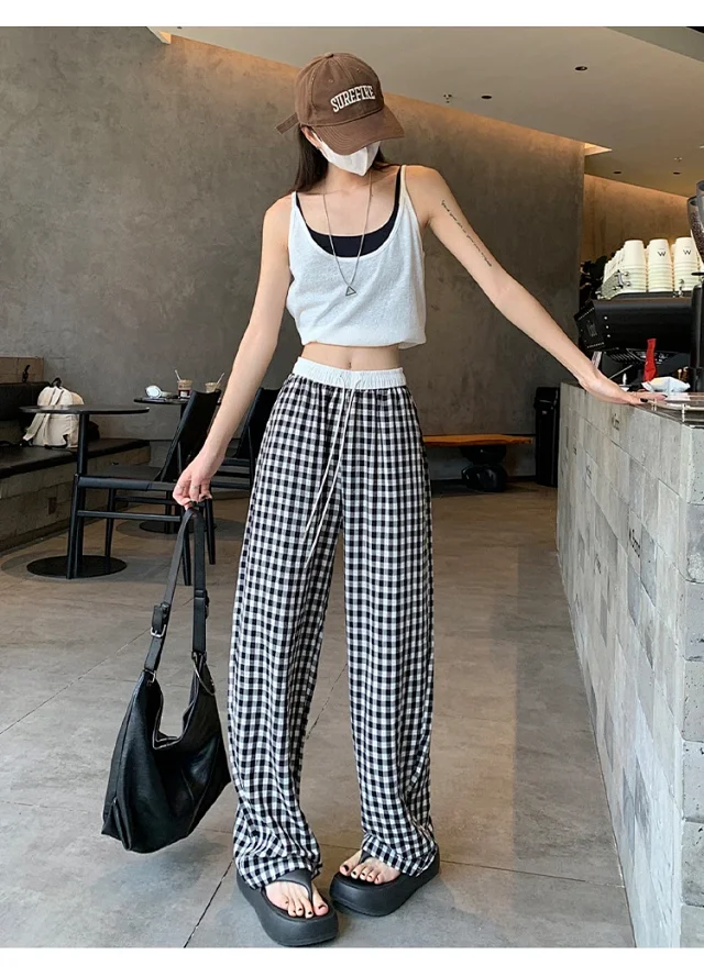 2025 Pink Plaid Wide-Leg Pants for Women Detail