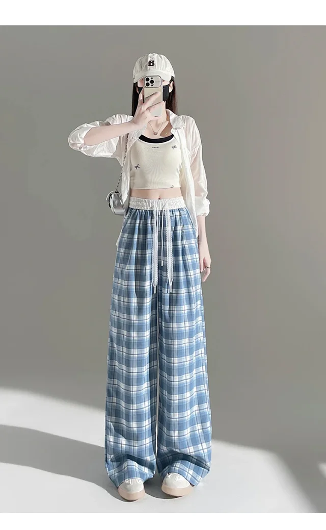 2025 Summer Ice Silk Checkered Pants for Women Detail
