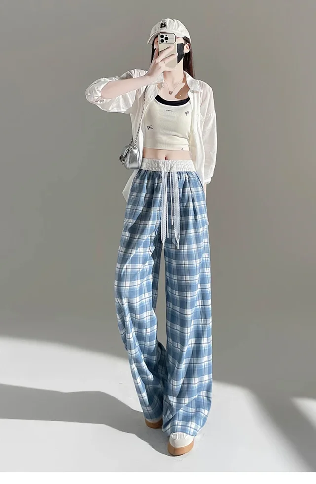 2025 Summer Ice Silk Checkered Pants for Women Detail