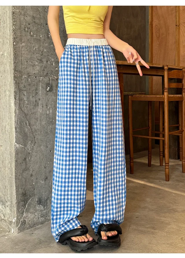 2025 Pink Plaid Wide-Leg Pants for Women Detail