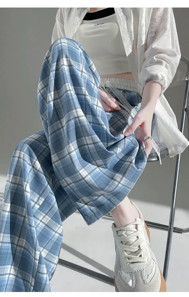 2025 Summer Ice Silk Checkered Pants for Women Detail