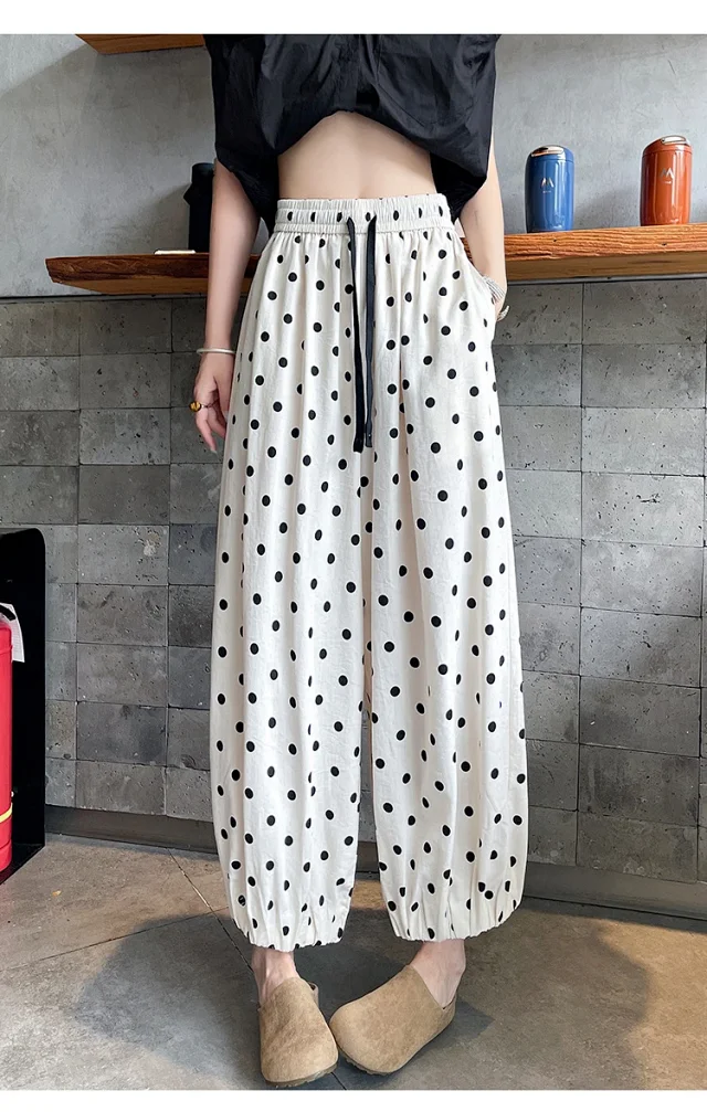 Women's Summer Ice Silk Polka Dot Cotton-Linen Pants Detail