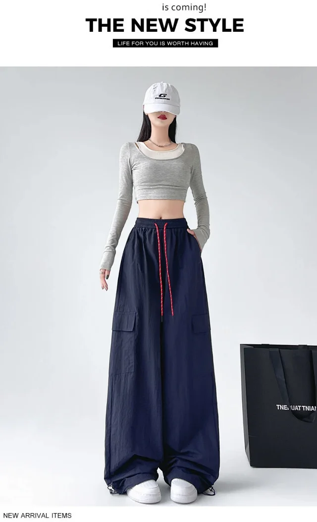 2025 Spring/Summer Women's Sporty Loose Slimming Straight Pants with Drawstring Detail