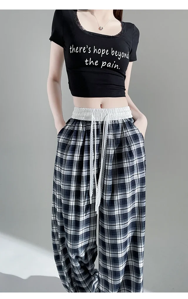 2025 Summer Ice Silk Checkered Pants for Women Detail