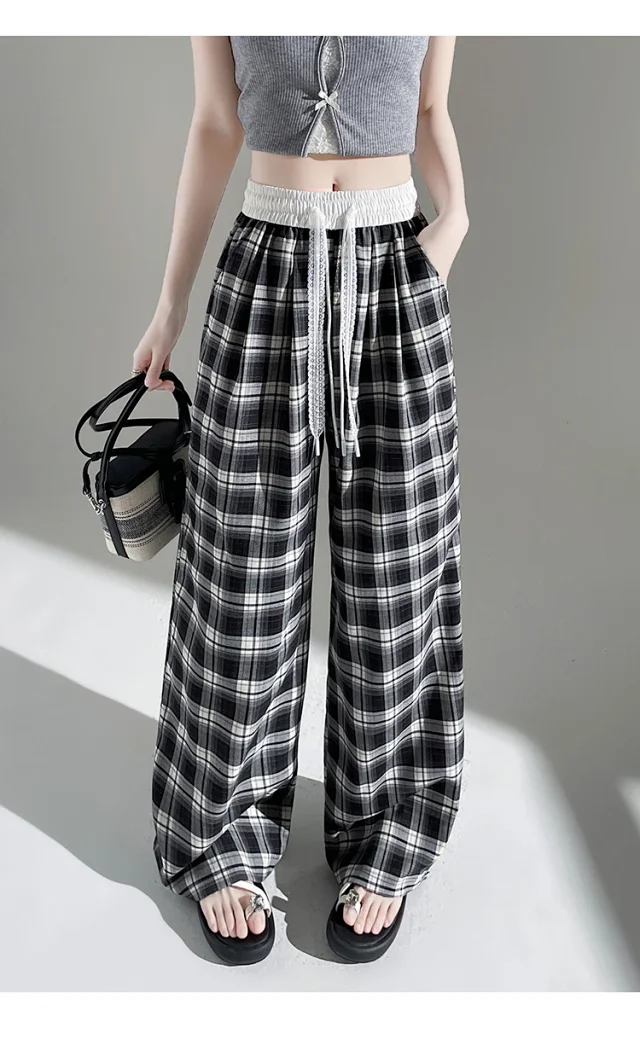 2025 Summer Ice Silk Checkered Pants for Women Detail