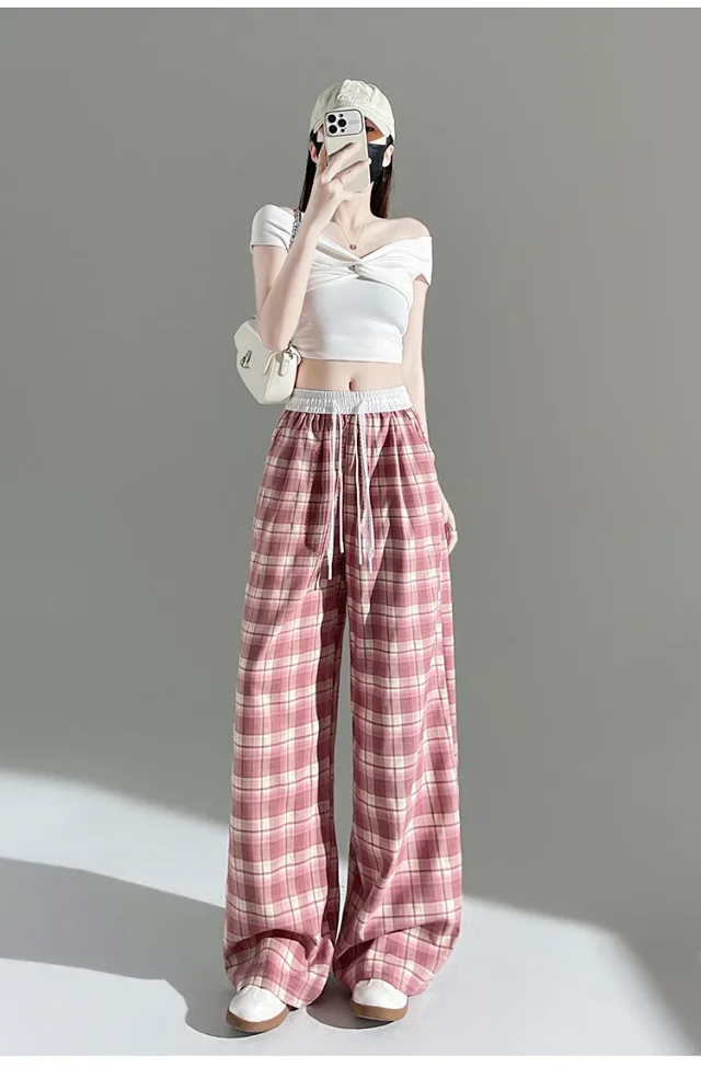 2025 Summer Ice Silk Checkered Pants for Women Detail