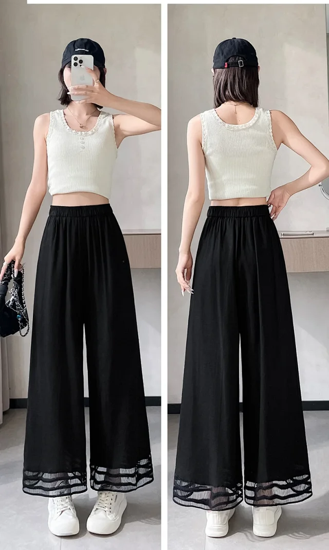 2025 Summer New Wide-leg Pants with Lace Trim Detail
