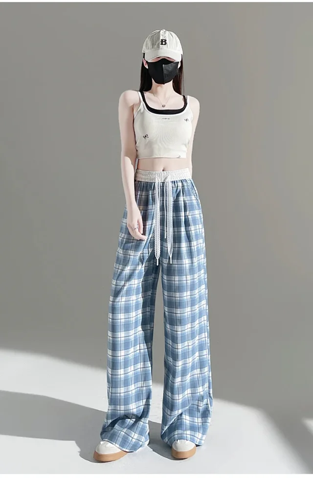 2025 Summer Ice Silk Checkered Pants for Women Detail