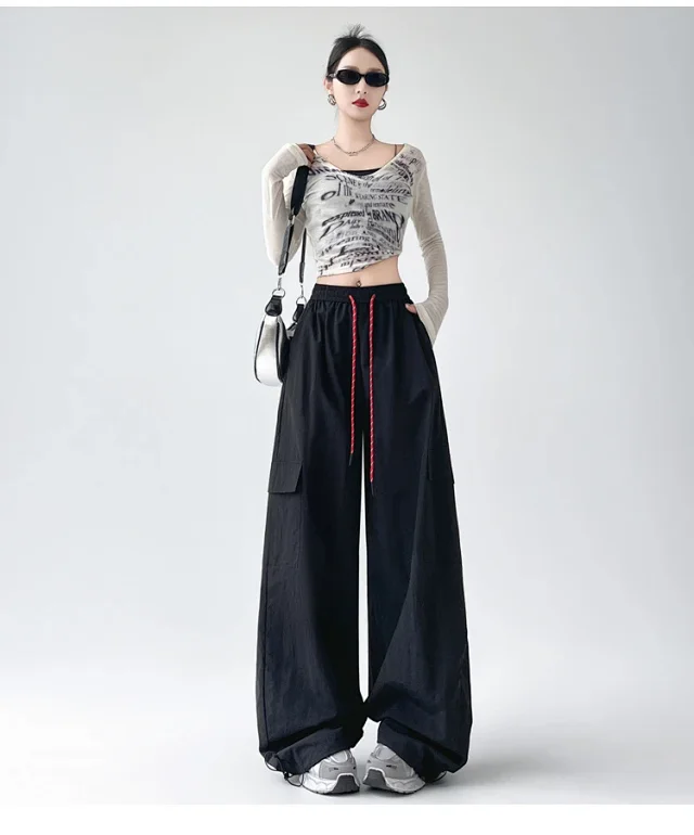 2025 Spring/Summer Women's Sporty Loose Slimming Straight Pants with Drawstring Detail
