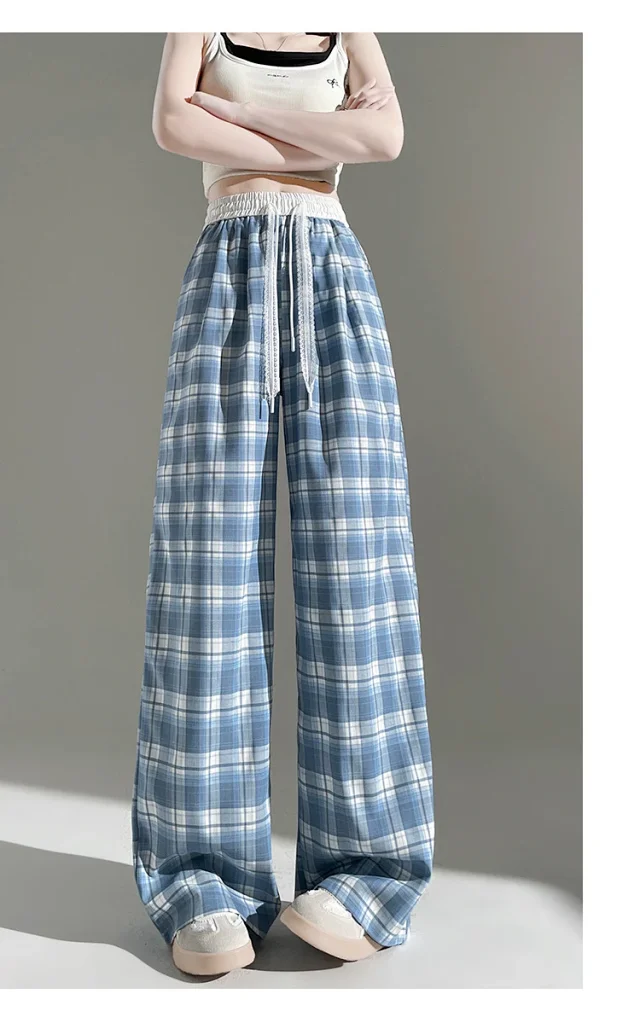 2025 Summer Ice Silk Checkered Pants for Women Detail