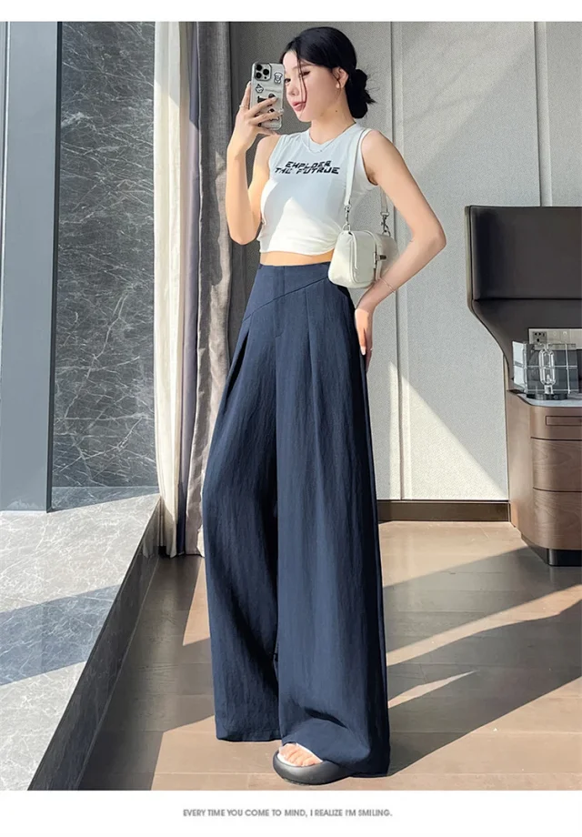 Navy Linen Wide-leg Pants Detail