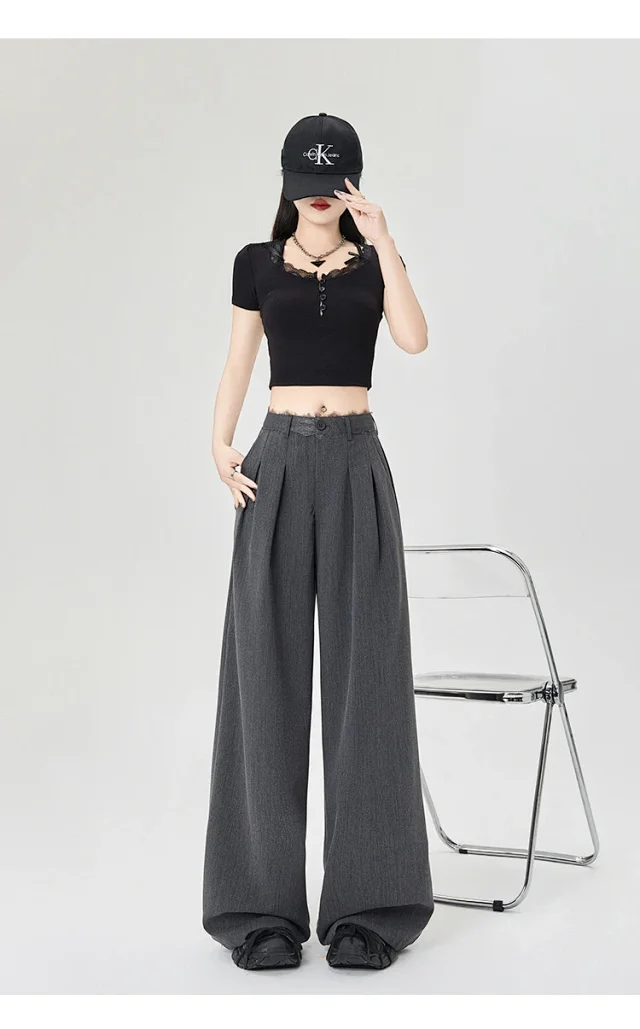 Women's Lace Trim High-Waist Wide-Leg Pants Detail