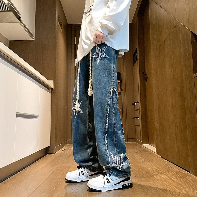 Hip-hop Men's Spring Twisted Rope Star Jeans