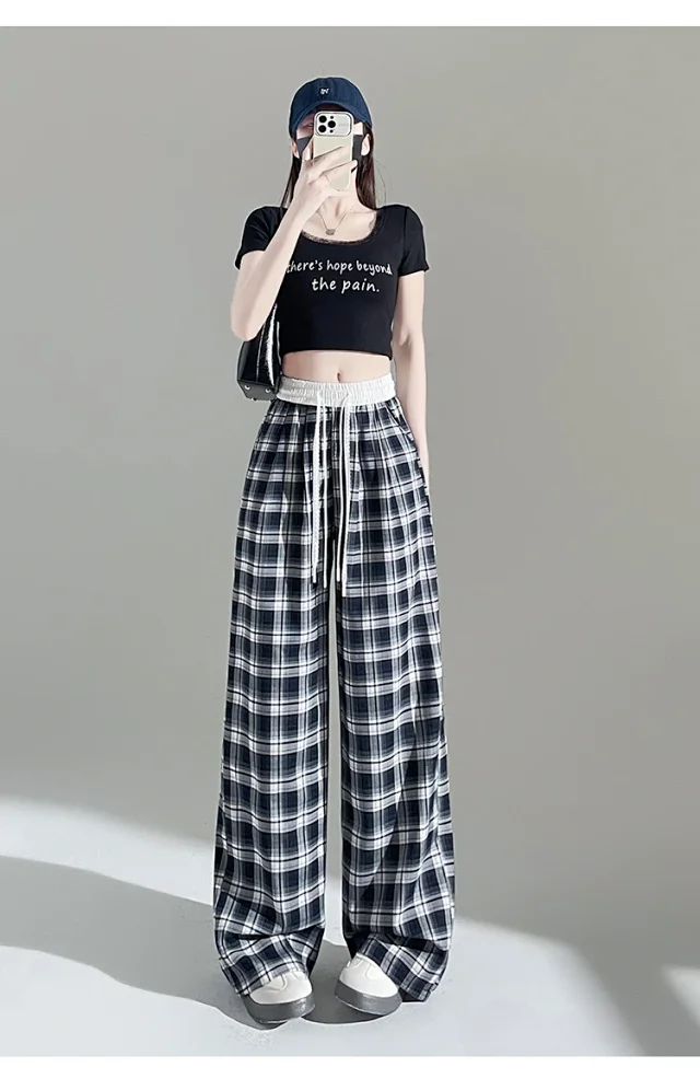 2025 Summer Ice Silk Checkered Pants for Women Detail