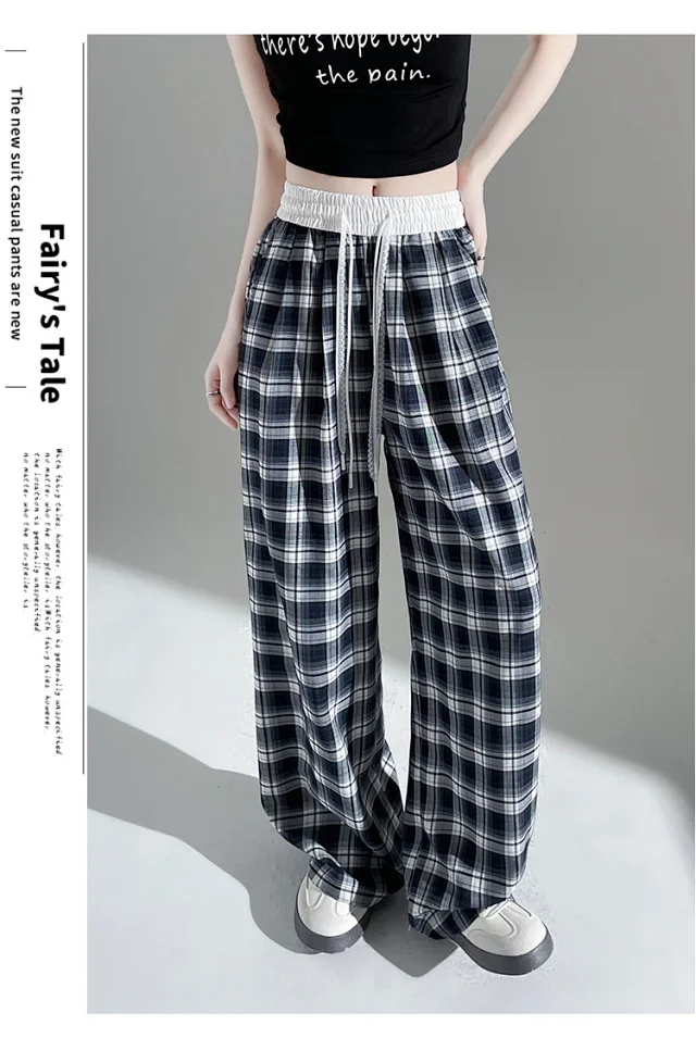2025 Summer Ice Silk Checkered Pants for Women Detail