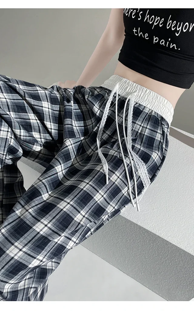 2025 Summer Ice Silk Checkered Pants for Women Detail