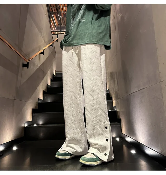 Oversize White Men's Spring Retro Button Sport Pants Detail