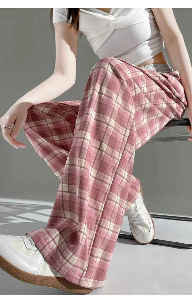 2025 Summer Ice Silk Checkered Pants for Women Detail