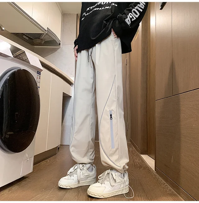 Men's Spring Straight Cargo Pants (Cream) - Outdoor Hiphop Detail