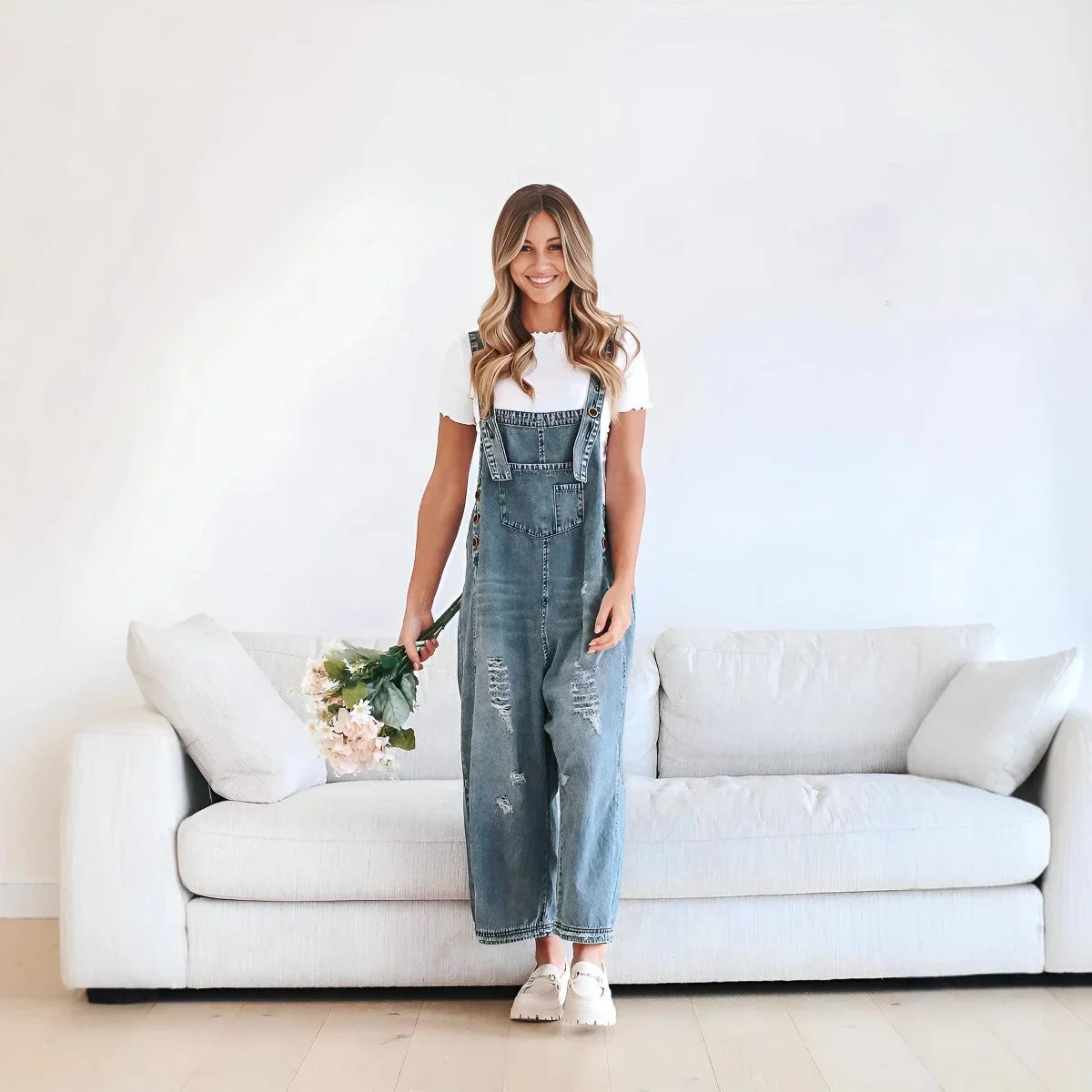 Vintage Distressed Wide-Leg Denim Overalls for Women