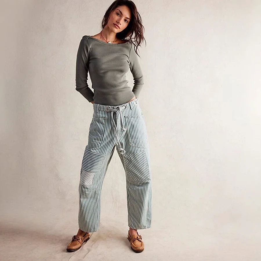 Mid-waist Striped Wide-leg Pants