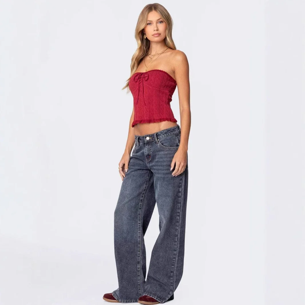 Wide-Leg Low-Waist Retro Denim Pants for Women
