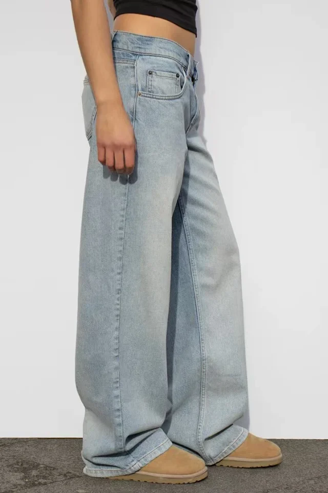 Retro Gray Distressed Wide-Leg High-Waist Jeans Detail