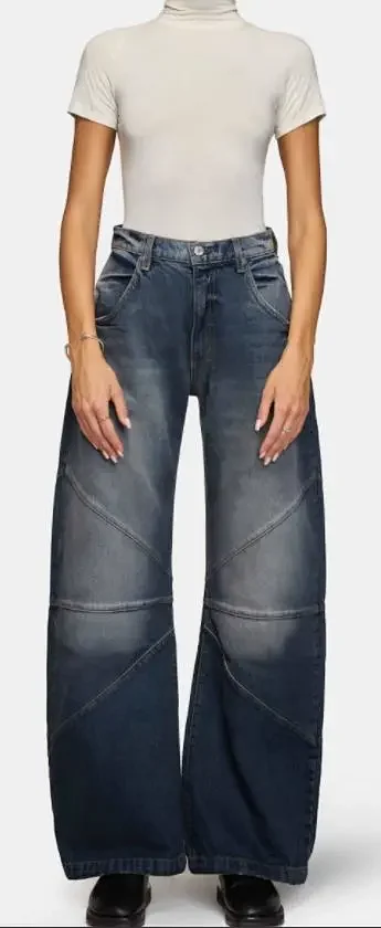 Euro - American Fashion Patchwork Pintuck Washed Jeans Detail
